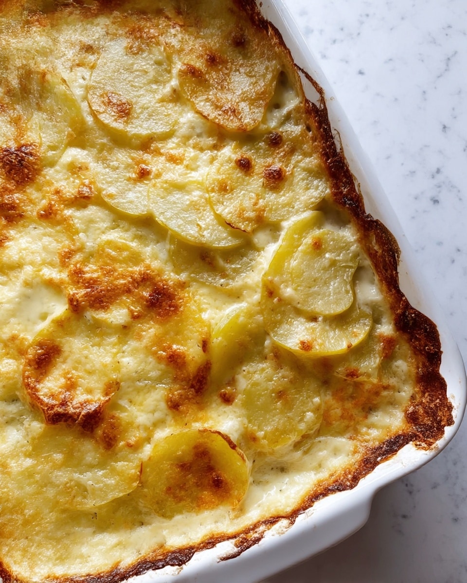 A white ceramic rectangular baking dish filled with a layered potato casserole. The dish has several layers visible: thin cream-colored potato slices arranged in a slightly overlapping pattern, topped with a layer of melted cheese that is golden and slightly browned at the edges. The cheese layer has a bubbly and uneven texture, with some crispy, darker spots near the sides where it meets the dish. The surface around the casserole is a white marbled texture. photo taken with an iphone --ar 4:5 --v 7