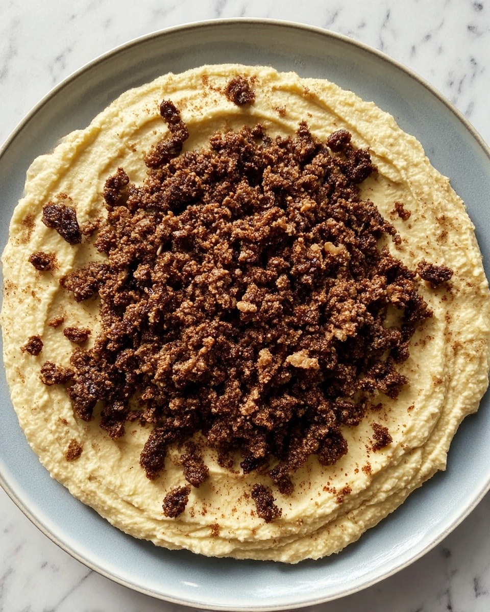 A round white plate holds two layers: the bottom layer is a thick, creamy beige spread with a slightly uneven texture, and the top layer is a generous heap of finely ground, cooked brown meat with small crumbly pieces scattered across the surface. The creamy layer spreads out wide, nearly reaching the plate’s edges, while the ground meat sits piled in the center, creating a clear contrast between the light base and darker topping. The backdrop is a white marbled surface, adding a clean and simple look to the dish. Photo taken with an iphone --ar 4:5 --v 7