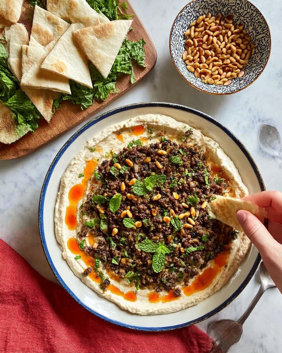 A white plate with a blue rim holds a layered dish starting with a creamy off-white base spread evenly, topped with a layer of dark brown cooked ground meat mixed with small bits of herbs. Scattered over the meat are small golden pine nuts and fresh green mint leaves, adding texture and color contrast. Around the edges of the creamy base, orange-red drops of sauce are visible, adding brightness. To the upper left, triangular pieces of white pita bread are arranged on a wooden board with green leafy herbs beside them. A small patterned bowl filled with pine nuts is placed on the top right of the white marbled surface, with a few pine nuts scattered on the surface. A woman's hand is seen dipping a piece of pita bread into the dish at the right side, while a silver spoon rests on a red cloth napkin beside the plate photo taken with an iphone --ar 4:5 --v 7