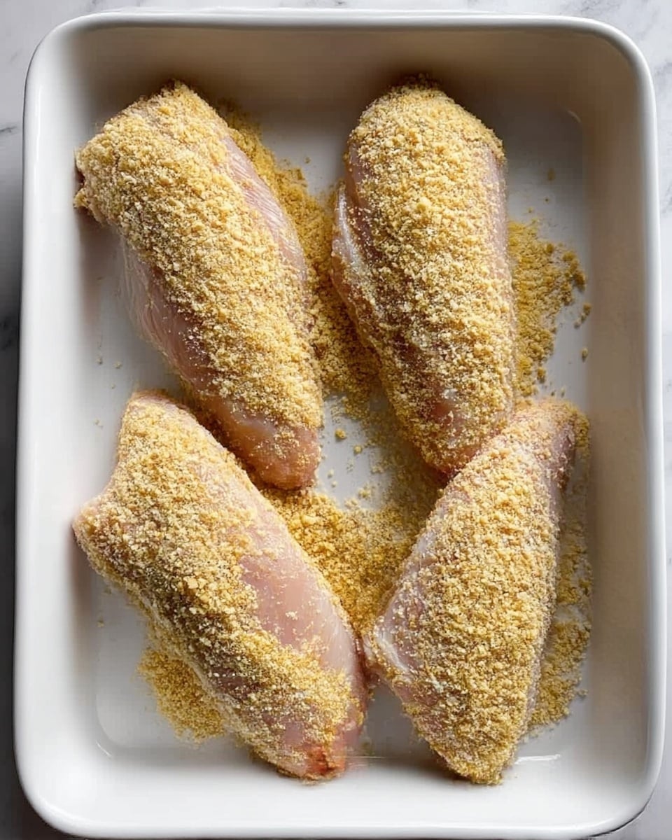 The image shows four raw chicken pieces coated with a yellowish breadcrumb mix, arranged neatly inside a white rectangular baking dish. The breadcrumb layer looks coarse and thick, evenly covering each piece. The baking dish sits on a white marbled surface. Photo taken with an iphone --ar 4:5 --v 7