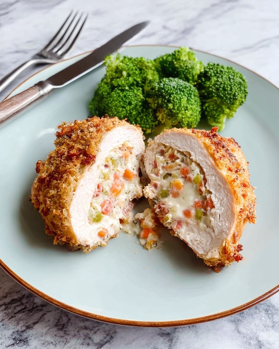 A white plate holds two slices of crispy golden-brown stuffed chicken with a crumb coating; the stuffing inside is creamy white with small bits of red, green, and orange vegetables, giving a colorful speckled look. On the side, there are several bright green broccoli florets. The plate is on a white marbled surface with a fork and knife placed nearby. Photo taken with an iphone --ar 4:5 --v 7