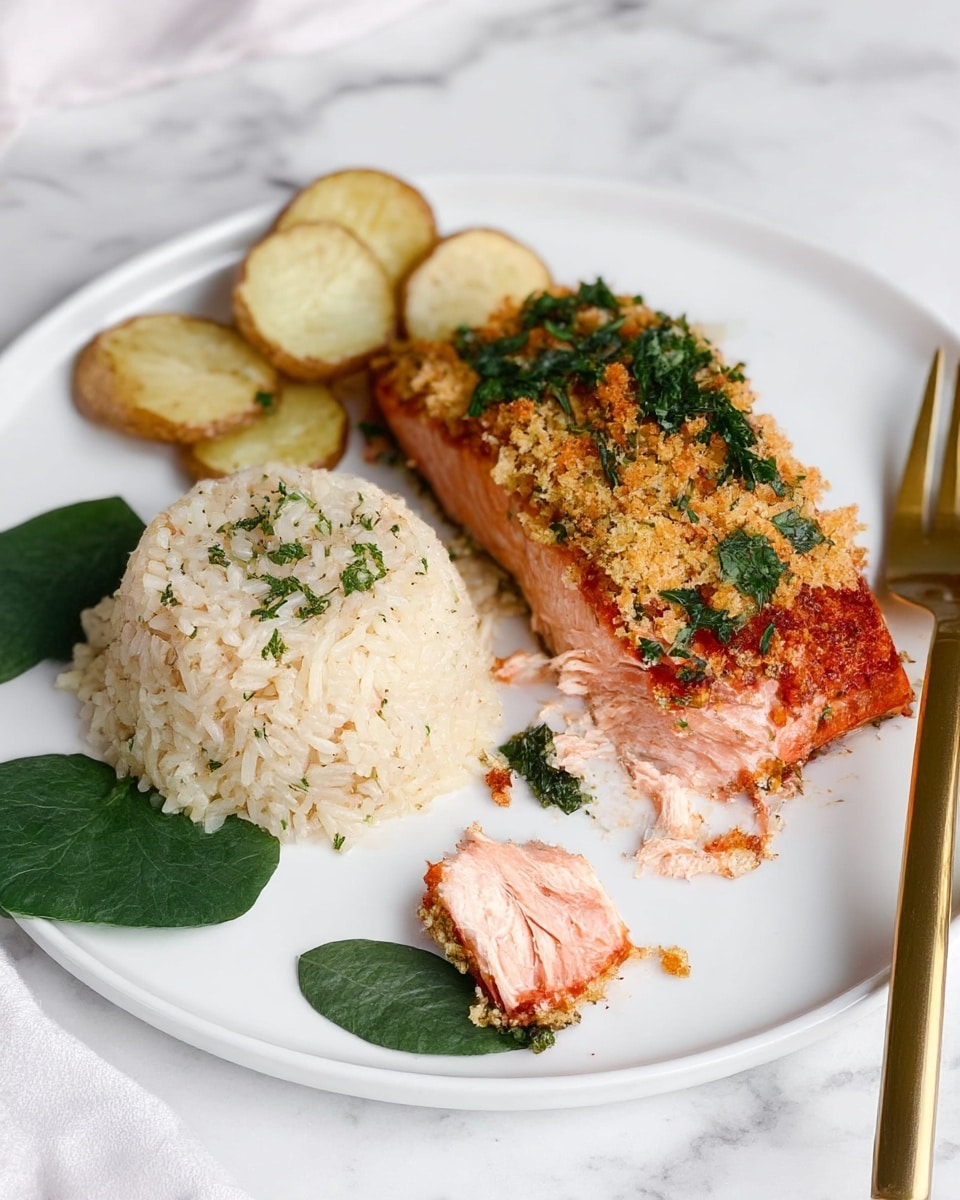 A white plate holds a meal with three main layers: on the bottom left, small golden roasted potato pieces with a slightly crispy texture, on the bottom right, a fluffy serving of beige rice with small vegetable bits, and on top, a long rectangular piece of red tomato sauce-covered food, garnished with green parsley leaves. Beside the plate, a gold fork and knife rest on a crumpled white linen cloth. Around the plate, fresh green leafy herbs and a half lemon add color, all set against a white marbled surface scattered lightly with red chili flakes. Photo taken with an iphone --ar 4:5 --v 7