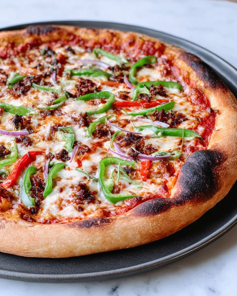 A thick round pizza with a light golden brown crust that has some dark roasted spots on the edge, topped with a red tomato sauce base, slightly melted white cheese layer, scattered green and red bell pepper slices, and thin strips of light purple onion. Small dark brown crispy bits are spread across the top. The pizza sits on a dark gray round plate on a white marbled surface. photo taken with an iphone --ar 4:5 --v 7