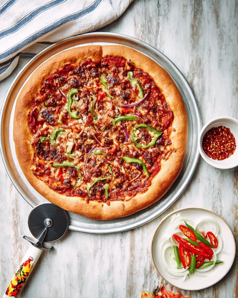 A round pizza with a golden brown thick crust sits on a white metal tray; the pizza has a layer of red tomato sauce topped with melted cheese covered in dark brown cooked spots, scattered with slices of green and red bell peppers and thin rings of purple onion. Next to the tray on a white marbled surface are a white pizza cutter with a colorful red, yellow, and black design on its handle, thin slices of onions, and a white round plate holding two small white bowls—one filled with red pepper flakes and the other with sliced red and green chili peppers. A white cloth with blue stripes is folded near the top left corner. photo taken with an iphone --ar 4:5 --v 7