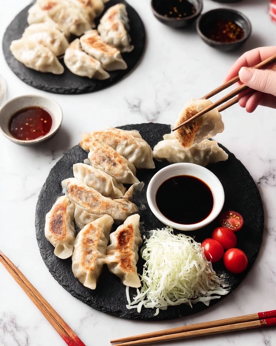 A round black slate plate holds two neat rows of pan-fried dumplings with golden-brown, slightly crispy bottoms and light, soft tops arranged from the middle to the front, next to a small mound of shredded white cabbage and three bright red halved cherry tomatoes on the right side. A small white bowl filled with dark soy sauce sits near the cabbage, with a woman's hand holding a dumpling with wooden chopsticks, dipping it into the sauce. In the background, there is another black slate plate with more dumplings and small dark bowls filled with sauces, all placed on a white marbled surface, with a pair of wooden chopsticks lying horizontally at the bottom of the image. Photo taken with an iphone --ar 4:5 --v 7