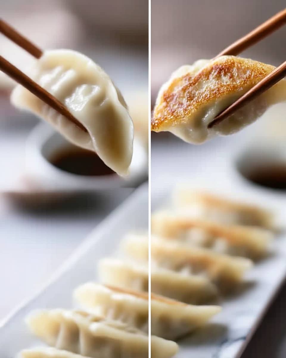 A row of seven golden brown pan-fried dumplings with a slightly crispy and bubbly texture on top lies neatly arranged on a rectangular white plate with a thin dark border. The dumplings have a soft and smooth bottom layer that is lighter in color, and one dumpling at the front is held gently by wooden chopsticks with a woman's hand visible. The plate sits on a white marbled surface with a soft green cloth and small round dishes partly visible blurred in the background. Photo taken with an iphone --ar 4:5 --v 7