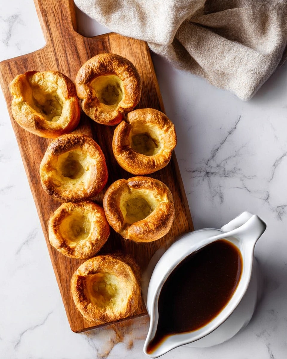 The image shows seven golden brown Yorkshire puddings arranged in two rows on a dark wooden board, placed on a white marbled surface. Each pudding has a puffy, irregular shape with a hollow center, crispy edges, and a slightly uneven, textured look that shows their airy, soft inside. The lighting highlights the warm tones and the slight browning on the tops and sides, giving a fresh, baked appearance. Photo taken with an iphone --ar 4:5 --v 7