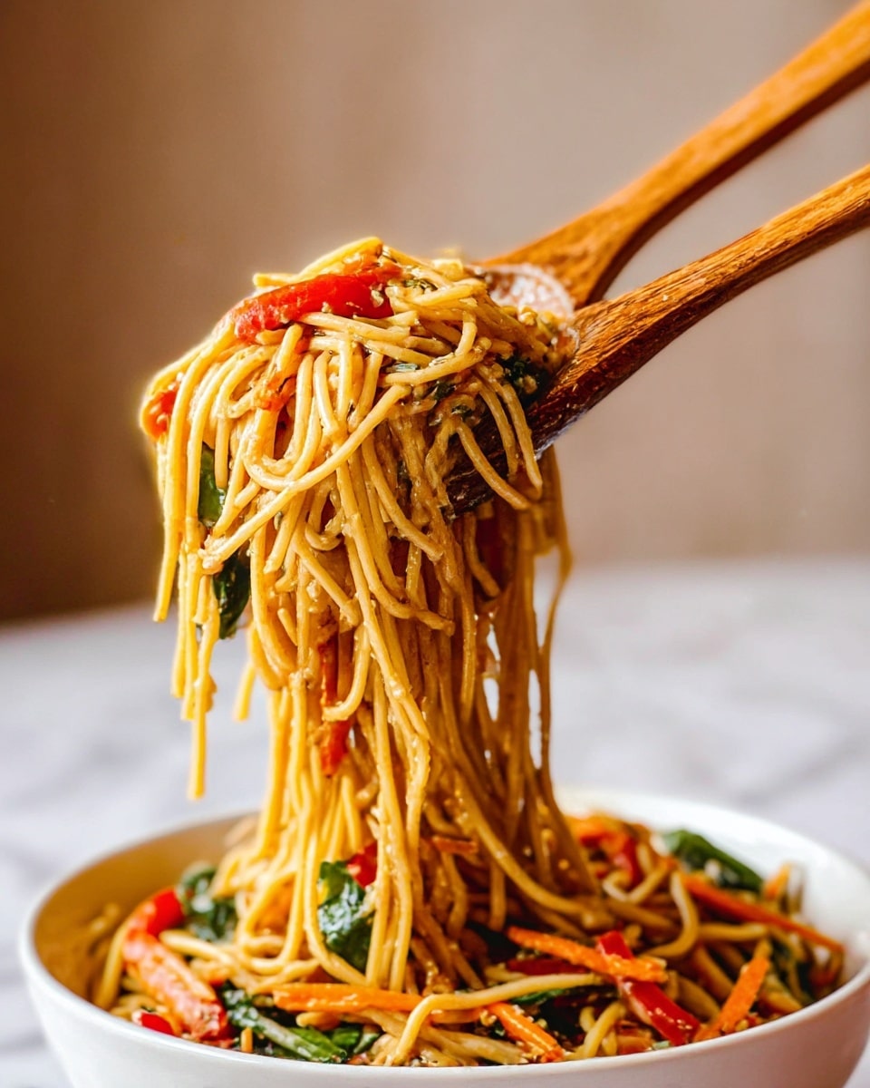 The image shows a white bowl filled with a noodle salad. The dish has a full base layer of light brown noodles mixed with thin orange carrot strips, chopped green vegetables, and slices of cucumber and red bell pepper scattered throughout. There are some dark sauce streaks on the noodles adding contrast. A silver fork rests inside the bowl, and the bowl is placed on a white marbled surface with some herbs and green onions visible in the background. Photo taken with an iphone --ar 4:5 --v 7