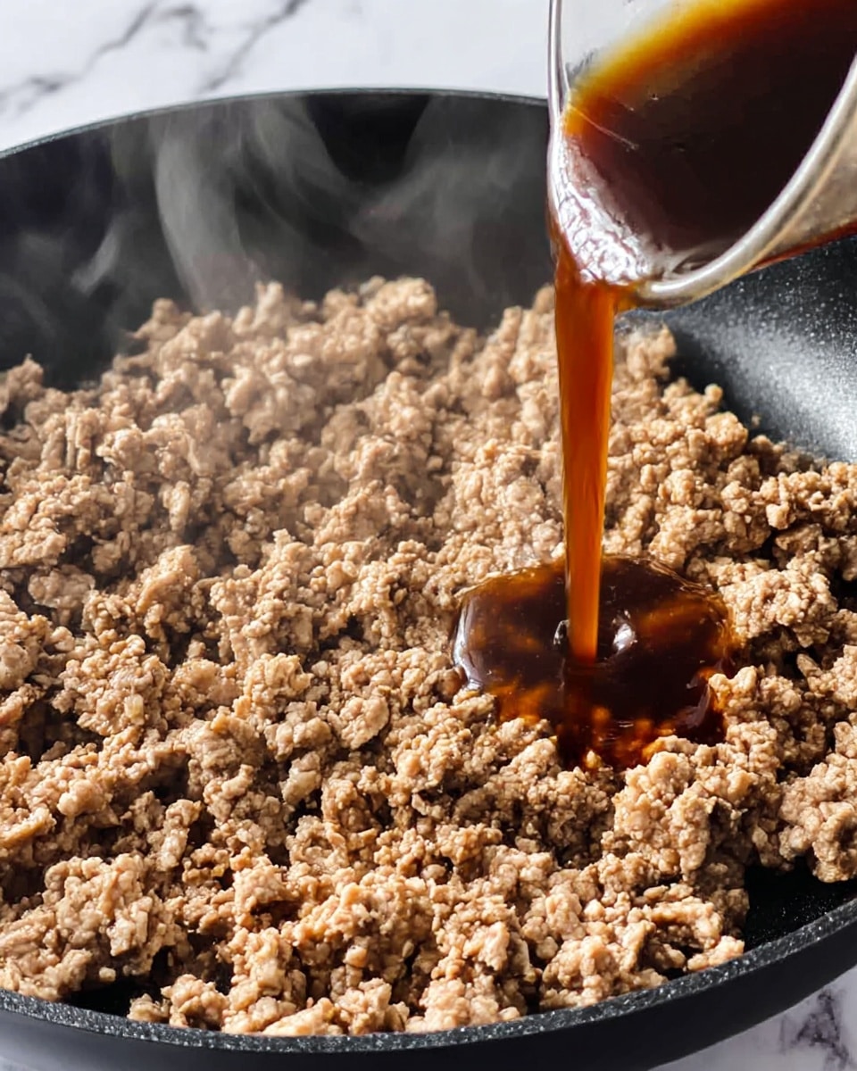 The image shows a close-up of cooked ground meat in a black pan, with steam rising from the hot meat. A dark brown sauce is being poured in from the right side of the image, flowing into the middle of the meat pieces. The meat has a light brown color with a crumbly texture, and the sauce contrasts as a smooth, glossy liquid. The background is a white marbled texture. photo taken with an iphone --ar 4:5 --v 7