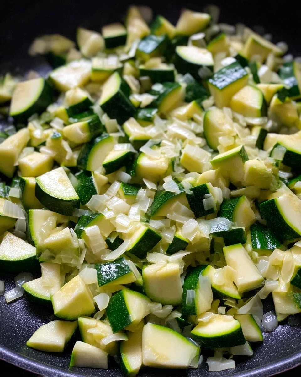 The image shows a close-up of a black pan filled with chopped zucchini and finely chopped onions being cooked together. The zucchini pieces are unevenly shaped, mostly small chunks with some half-moon shapes, showing a fresh green outer skin and a pale, soft inner part. The small pieces of onions are translucent, scattered evenly among the zucchini, giving a mix of white and light yellow tones. The overall texture looks soft and slightly shiny, indicating they are being sautéed. The pan contrasts with the light colors of the vegetables, and the cooking looks fresh and simple. photo taken with an iphone --ar 4:5 --v 7