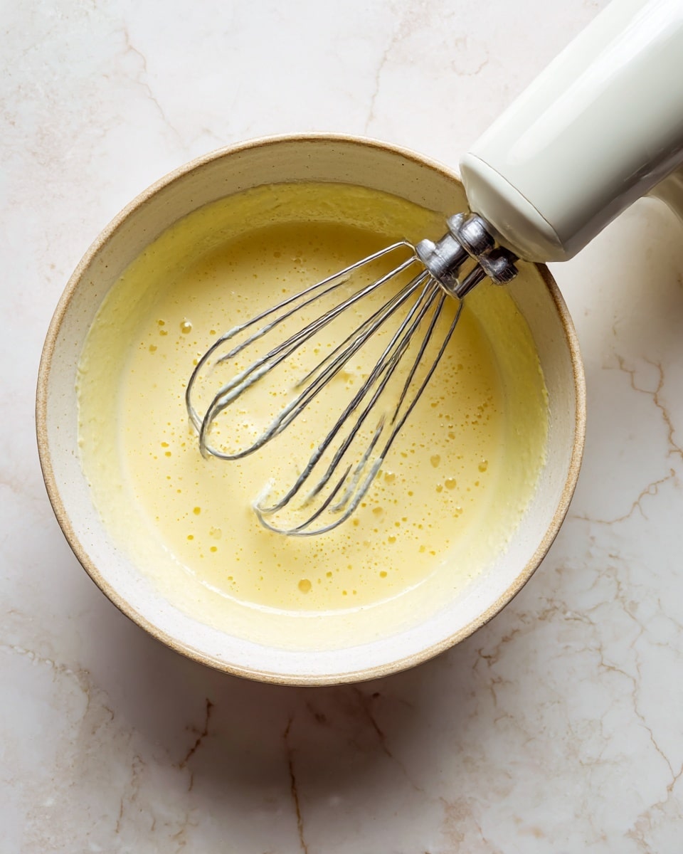 The image shows three glass bowls filled with a layered dessert placed on a white marbled surface. Each bowl has a base layer of smooth yellow custard, topped with a layer of white whipped cream that looks soft and fluffy. On top of the whipped cream, there are scattered round dark chocolate chips and a light dusting of cocoa powder evenly spread. To the right, there is a small metal sifter with cocoa powder in it. The photo taken with an iphone --ar 4:5 --v 7