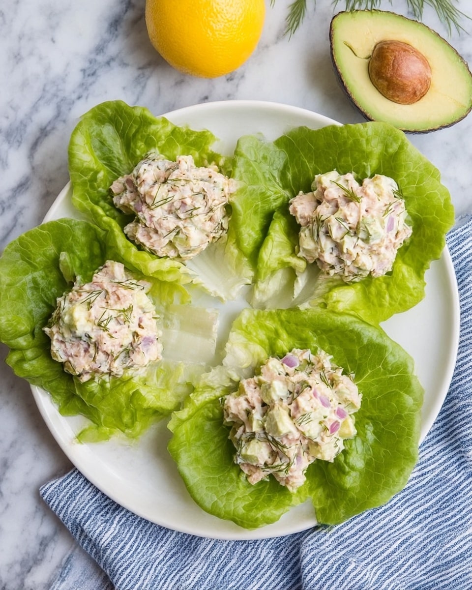 A white plate on a white marbled surface holds four large, fresh green lettuce leaves arranged in a circle. Each leaf carries a scoop of a chunky salad mixture, which is pale with bits of light pink, green, and purple, suggesting ingredients like pieces of fish, chopped vegetables, and herbs. In the background, half an avocado and a whole lemon sit on the white marbled surface, adding a fresh and natural touch. A blue and white striped cloth is partially visible under the plate. The photo taken with an iphone --ar 4:5 --v 7