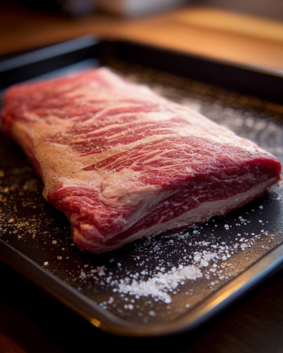 The image shows a single large piece of cooked meat with a rough, seared surface that has dark brown and red tones. The meat has a slightly curved triangular shape with visible pepper seasoning and a textured crust. Around the meat, there are fresh green basil leaves adding a touch of brightness. The background is a white marbled texture with small scattered coarse salt grains and a little juice pooling near the meat. Photo taken with an iphone --ar 4:5 --v 7