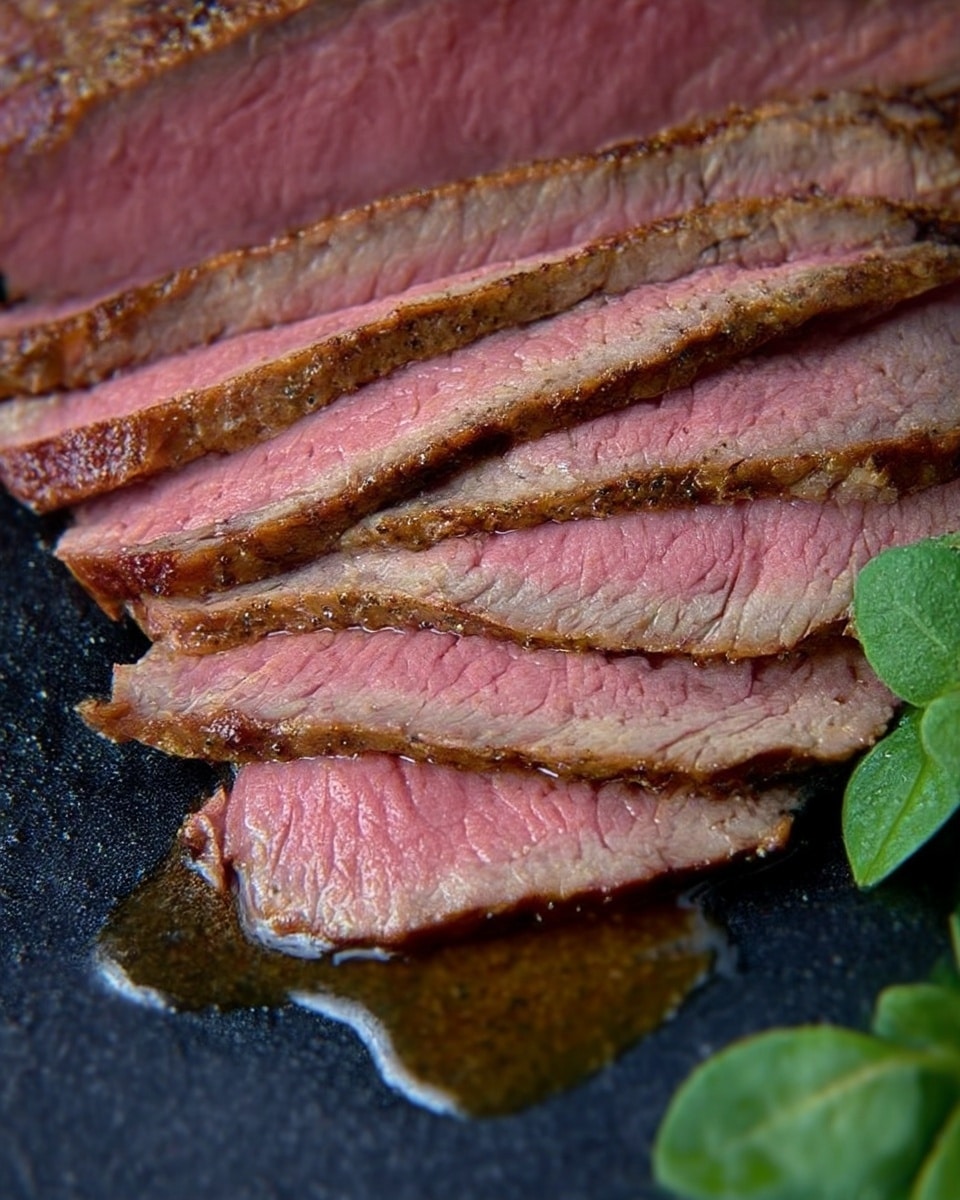 The image shows several slices of cooked beef, arranged in a slightly fanned out way. Each slice has a clear pink center with a browned, seasoned outer edge that looks slightly crispy. There is a small pool of meat juice next to the slices, and a few green leaves are placed near the meat on a dark surface. The texture of the beef looks tender and juicy. photo taken with an iphone --ar 4:5 --v 7