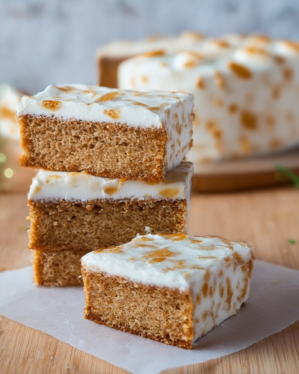 A loaf of brown cake with a thick white icing layer on top, sprinkled with small brown sugar bits. Three slices are cut and laid out in front, showing the moist texture inside. The cake sits on white parchment paper over a wooden round board with bark edges. The background is a white marbled surface with an orange cloth at the bottom and a spoon with some sugar in the top right corner photo taken with an iphone --ar 4:5 --v 7