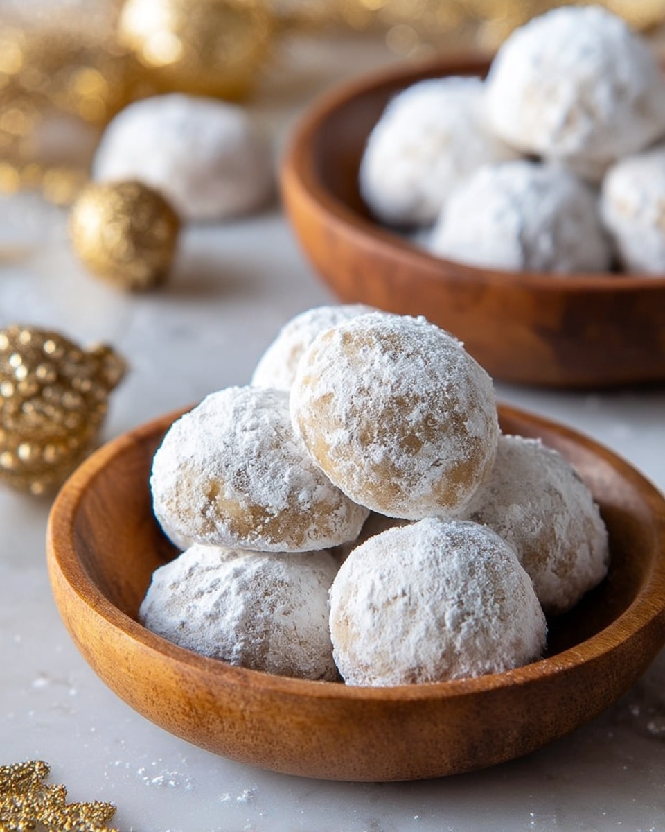 A small wooden bowl filled with round cookies covered in a thick layer of white powdered sugar. The cookies have an uneven surface and light brown color underneath the sugar. In the background, there is another wooden bowl also filled with similar cookies, slightly out of focus. The bowls sit on a white marbled textured surface with gold ornamental decorations nearby, creating a warm and festive feeling. photo taken with an iphone --ar 4:5 --v 7