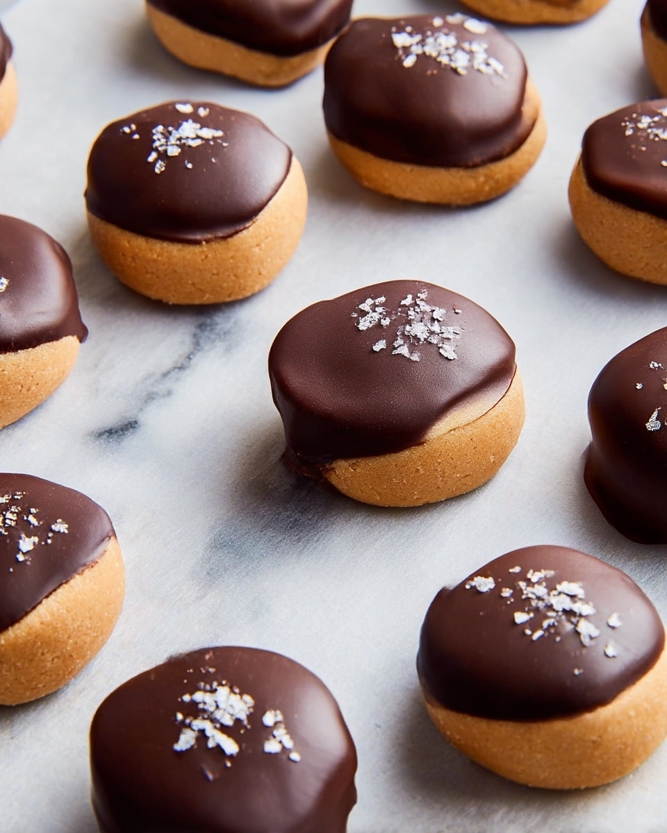 A pile of round cookies with a smooth light brown layer makes up the base, each cookie half-dipped in thick dark brown chocolate that has a slightly shiny texture. Some of the chocolate-dipped parts are sprinkled with coarse sea salt flakes, adding a white contrast. The cookies are stacked on top of each other on a piece of white parchment paper, placed on a white marbled surface. One cookie lies separately, showing its plain light brown base side, and a spoon with a brown creamy spread is nearby, blurred in the background. Photo taken with an iphone --ar 4:5 --v 7