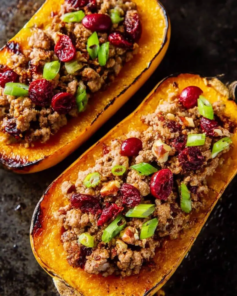 Stuffed Delicata Squash with Ground Beef, Cranberries, and Pecans Recipe