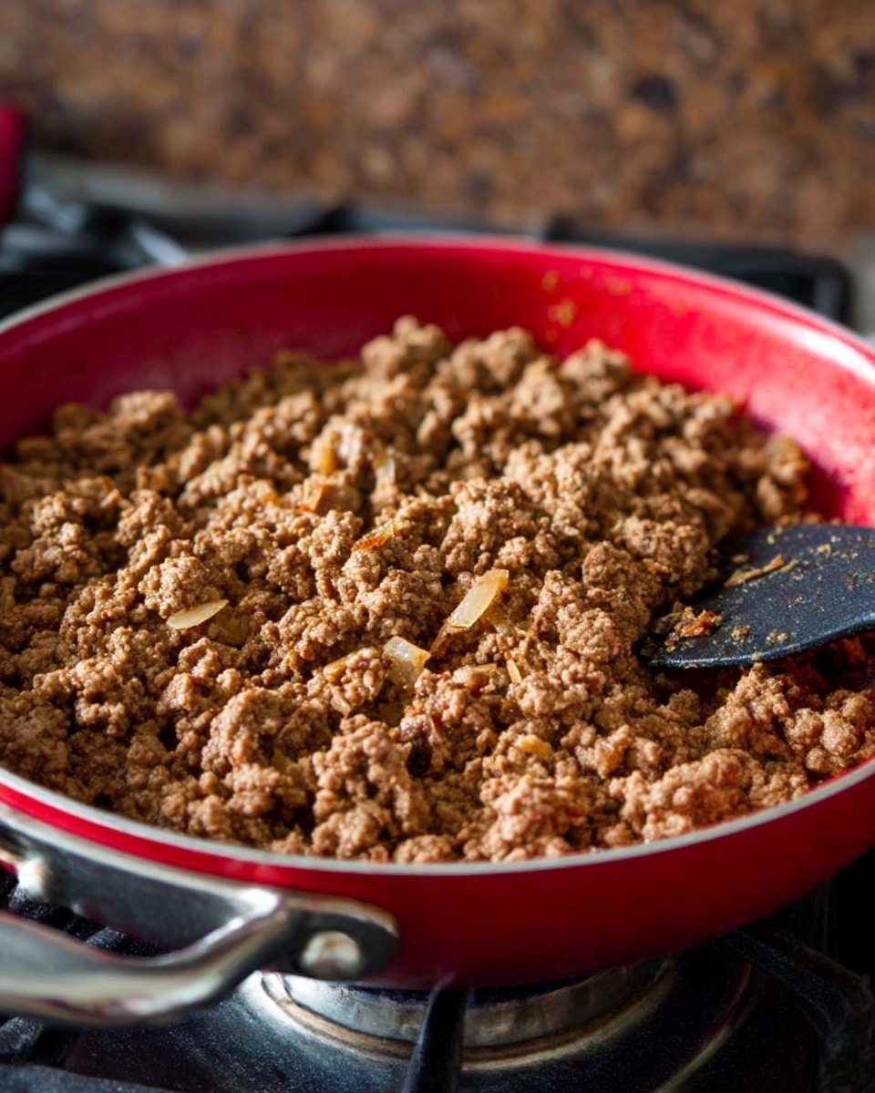 A close-up of cooked ground meat mixed with small bits of onions in a red pan with silver handles sitting on a gas stove burner. The meat is evenly browned and crumbly with a textured and slightly coarse surface. The background shows a blurred brown stone wall. The pan is filled mostly with the ground meat, and a black spatula rests inside the pan on the right side. Photo taken with an iphone --ar 4:5 --v 7