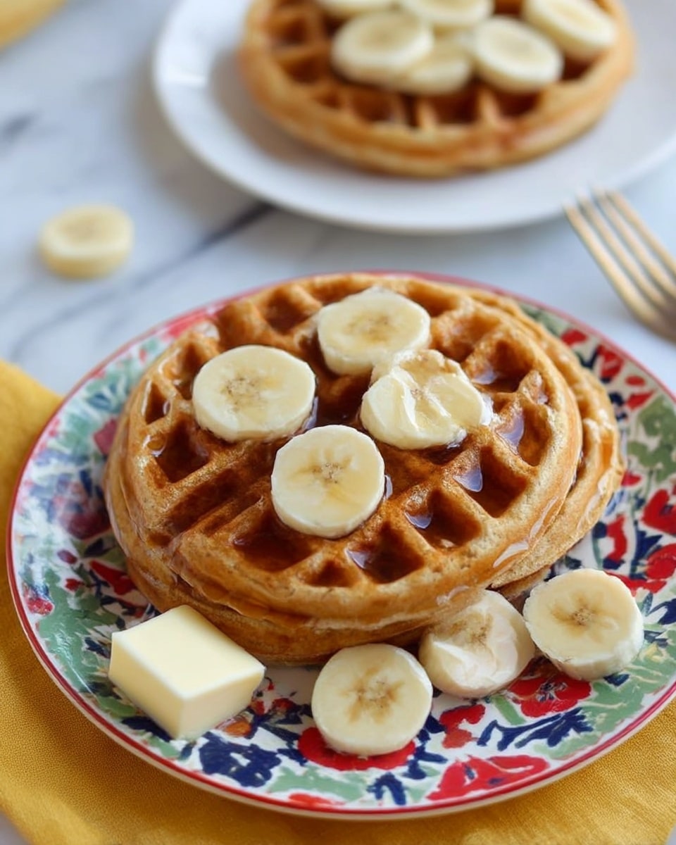 A white plate with colorful red, blue, and green patterns holds three golden brown waffles, stacked slightly on top of each other. The top waffle has four round banana slices in the center, and syrup fills the waffle pockets, shining with a glossy texture. Beside the waffles on the same plate, there is a small square of butter melting on one waffle and several banana slices scattered around. In the background, a blurred white plate holds more waffles topped with banana slices and a fork beside it. The setting is on a white marbled surface with a yellow cloth underneath the plate. Photo taken with an iphone --ar 4:5 --v 7