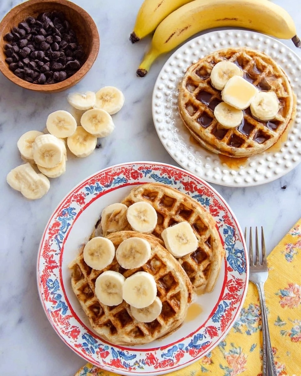 The image shows a white plate with colorful red and blue patterns holding three golden brown waffles. One waffle is flat on the plate with a square piece of butter melting on top, while two waffles are stacked slightly overlapping in the foreground. Around the waffles, there are several banana slices placed casually. A woman's hand holds a fork near the plate, and there are also two small bananas beside the plate on a white marbled surface. photo taken with an iphone --ar 4:5 --v 7