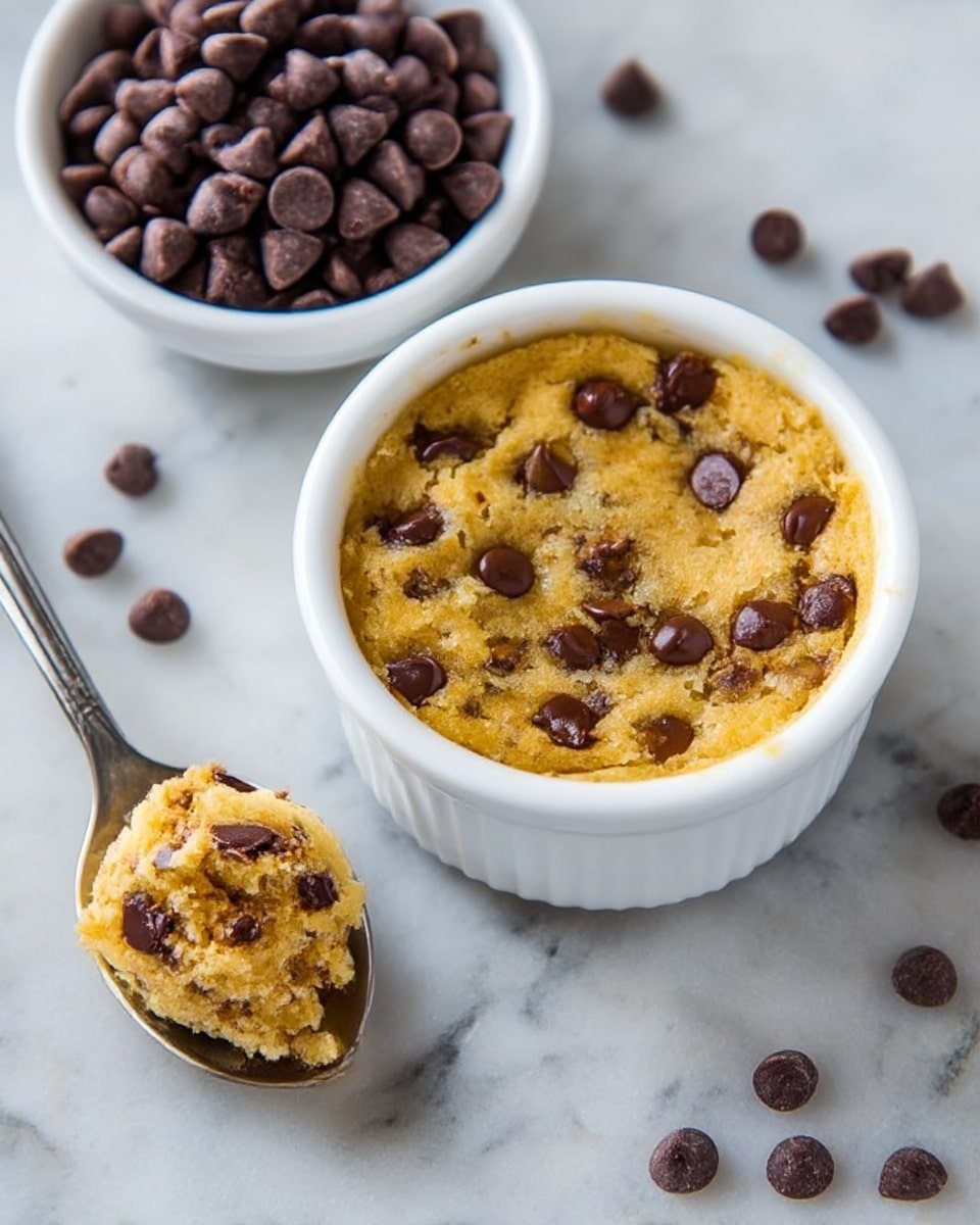 A white round ramekin holds a single-layer warm cookie cake with a golden yellow base dotted with melted dark brown chocolate chips throughout, some chips slightly glossy from heat. Next to the ramekin is a silver spoon with a scoop of the same soft, textured cookie with visible chocolate chips. Surrounding the dish and spoon are scattered dark brown chocolate chips and a small white bowl filled fully with chocolate chips. The scene is set on a white marbled surface. Photo taken with an iphone --ar 4:5 --v 7