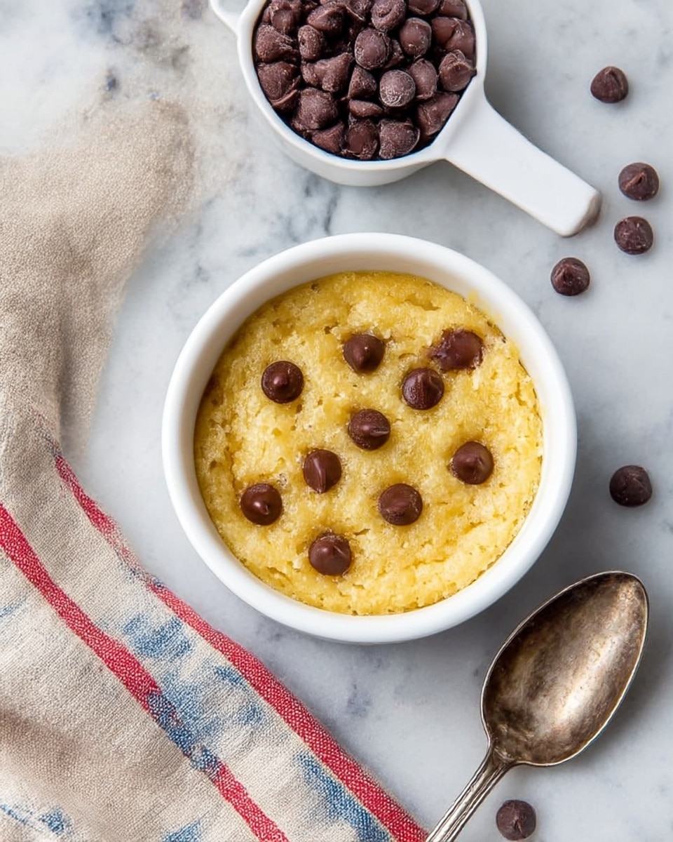 A small white round dish filled with a soft yellow cake topped with melted brown chocolate chips spread unevenly on top. The cake texture looks moist and slightly crumbly with some melted chocolate sinking into the surface. A tarnished silver spoon is stuck into the cake on the left side, angled upwards. Around the dish, loose chocolate chips are scattered on a white marbled surface, and a white round bowl filled with more chocolate chips is placed in the background near the top right corner. A light cloth with red and blue stripes is partially visible near the top left corner. photo taken with an iphone --ar 4:5 --v 7