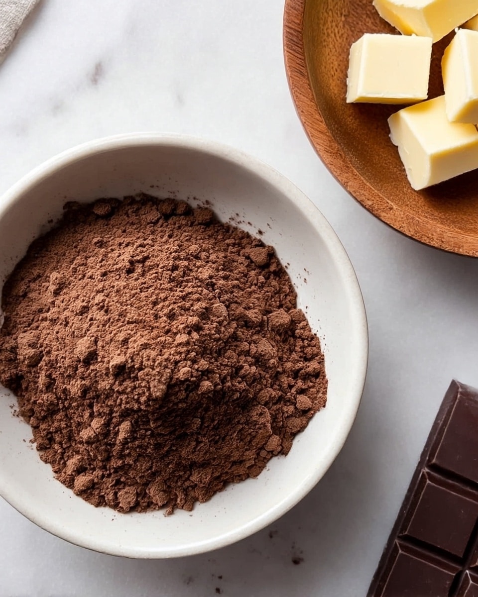 The image shows three different ingredients placed on a white marbled surface. On the top right, there is a small brown wooden bowl filled with several large pale yellow blocks of solid fat or butter, each with a smooth texture. To the left of the bowl, there is a white bowl filled with a pile of brown powder, likely cocoa powder, with a soft texture. At the bottom right corner, partially visible, is a bar of dark chocolate with a shiny, smooth surface and distinct rectangular segments. The composition is bright and clear, emphasizing the different textures and colors of the ingredients. photo taken with an iphone --ar 4:5 --v 7