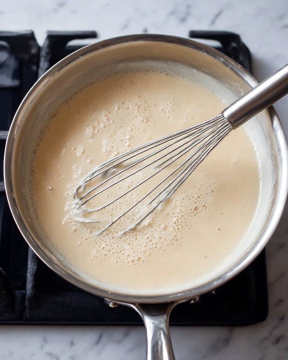 The image shows a round pecan pie with a golden-brown crust resting on a white plate. The pie has a smooth, light brown filling with a slightly cracked surface and is evenly covered with whole pecan nuts placed on top. About one slice is removed, showing the soft texture inside. The scene is set on a white marbled surface. photo taken with an iphone --ar 4:5 --v 7