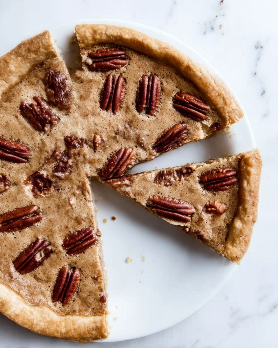 A round pecan pie sits on a white plate, which is placed on a white marbled surface with a striped linen cloth nearby. The pie has a golden-brown crust that forms a thick, raised edge around the dark brown, glossy filling. The filling is decorated with whole pecan halves arranged in concentric circles, giving a textured pattern on the top. The crust looks firm and slightly crumbly, while the filling appears smooth and rich under the shiny pecans. photo taken with an iphone --ar 4:5 --v 7