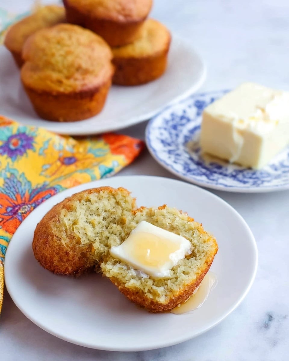 A white plate holds one opened golden-brown muffin with a soft, light green crumb texture; the bottom half is topped with a thick square piece of white butter melting slightly, with a shiny drizzle of honey over it. In the background on the white marbled surface, a white plate has three more golden-brown muffins stacked together, and a white plate with blue patterns contains a block of white butter. A colorful floral cloth with yellow, orange, blue, green, and purple flowers lies to the side. Photo taken with an iphone --ar 4:5 --v 7