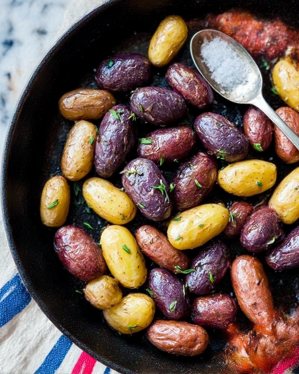 The image shows a black pan filled with small, whole roasted fingerling potatoes in three colors: purple, yellow, and reddish-brown. The potatoes have a shiny, slightly oily surface with some green herbs sprinkled on top, giving a fresh look. A small spoon with coarse salt sits in the upper right corner of the pan. The pan rests on a white marbled surface with a striped cloth showing blue, red, and white lines underneath the pan's edge. The light on the potatoes highlights their smooth texture and natural colors, making them look warm and appetizing. Photo taken with an iphone --ar 4:5 --v 7