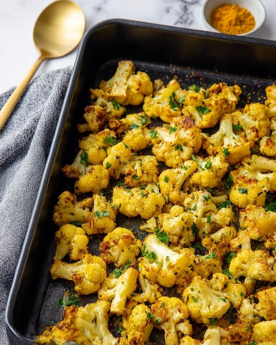 A black roasting pan filled with many pieces of golden-yellow roasted cauliflower, each piece showing a crispy texture with some browned edges. Small green parsley leaves are scattered on top, adding a fresh contrast to the warm tones of the cauliflower. The pan is placed on a white marbled surface with a light grey cloth slightly visible on the left side, next to a small round white bowl containing bright yellow turmeric powder and a golden spoon. A dark wooden pepper grinder partly shows near the top center of the image. The lighting highlights the warm colors and textures of the roasted cauliflower well. photo taken with an iphone --ar 4:5 --v 7