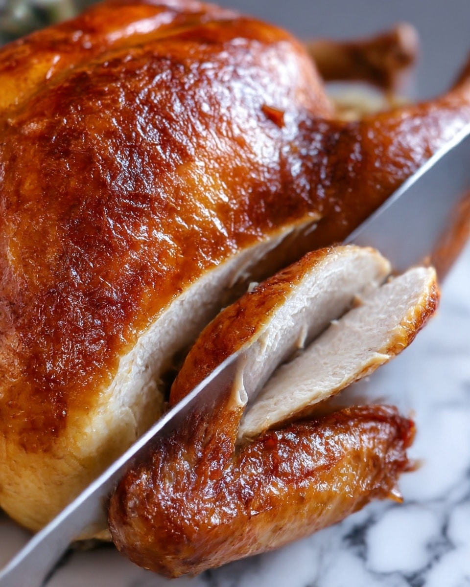 A close-up of a whole roasted chicken being sliced with a knife, showing three layers: the shiny, golden-brown crispy skin on top with a slightly textured, browned surface; beneath that, a thin white layer of tender cooked meat; and under that, the slightly darker cooked interior meat. The roasted wing is visible on the side with a similarly browned, crispy texture. The chicken is placed on a white marbled surface. Photo taken with an iphone --ar 4:5 --v 7