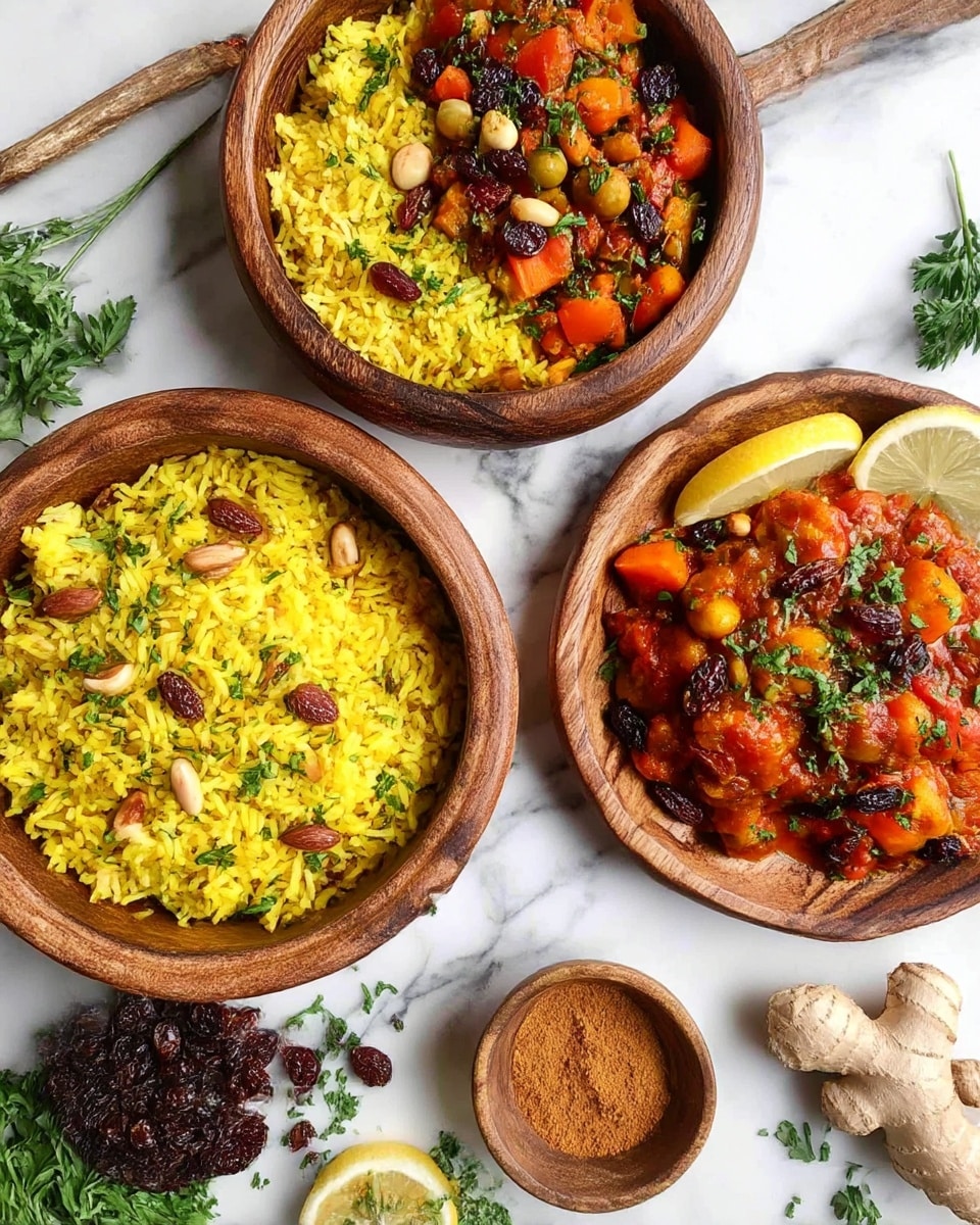 The image shows a meal with three wooden bowls and one wooden plate on a white marbled surface. One bowl is filled with yellow rice that has raisins, pine nuts, and green herbs scattered on top. Another bowl has half yellow rice similar to the first bowl and the other half contains a saucy mix with red, orange, and green vegetables, topped with raisins, pine nuts, and green herbs, with a lemon slice resting on the edge. The wooden plate has two servings of the same saucy vegetable mix with red and orange colors, garnished with green herbs. There is a small wooden bowl filled with mixed raisins nearby, and a tiny bowl holding a brown powder on the side. Fresh herbs, pine nuts, and a piece of fresh ginger root are spread around the setup. photo taken with an iphone --ar 4:5 --v 7