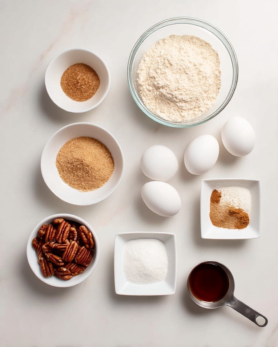 The image shows various baking ingredients arranged neatly on a white marbled surface. There is a medium clear glass bowl filled with light beige flour at the center top. To the right of the bowl are three white eggs grouped together. Below the eggs, there is a small white square dish containing powdered spices – light beige and brown – in one corner. To the left of the eggs are small white bowls: one with granulated light brown sugar, another with clear oil, and a third with white powder sugar. Near the lower left corner is a small white bowl filled with pecan nuts, and beside it is a small metal measuring spoon holding a dark brown liquid. The scene is simple and clean, with no other objects visible photo taken with an iphone --ar 4:5 --v 7