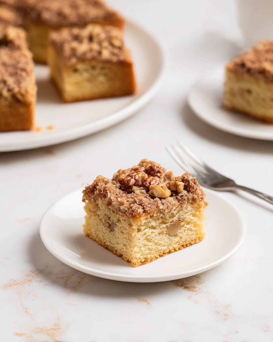 A single square piece of crumb cake sits on a white plate, showing a light brown and soft textured cake inside with small bits of nuts throughout. The top layer is crumbly and golden brown, covered with chopped nuts, giving a crunchy look. In the background, a white cup filled with dark coffee rests on a white saucer, with some scattered coffee beans and whole pecans laying around on a white marbled surface. A metal fork lies close to the plate in the foreground. photo taken with an iphone --ar 4:5 --v 7