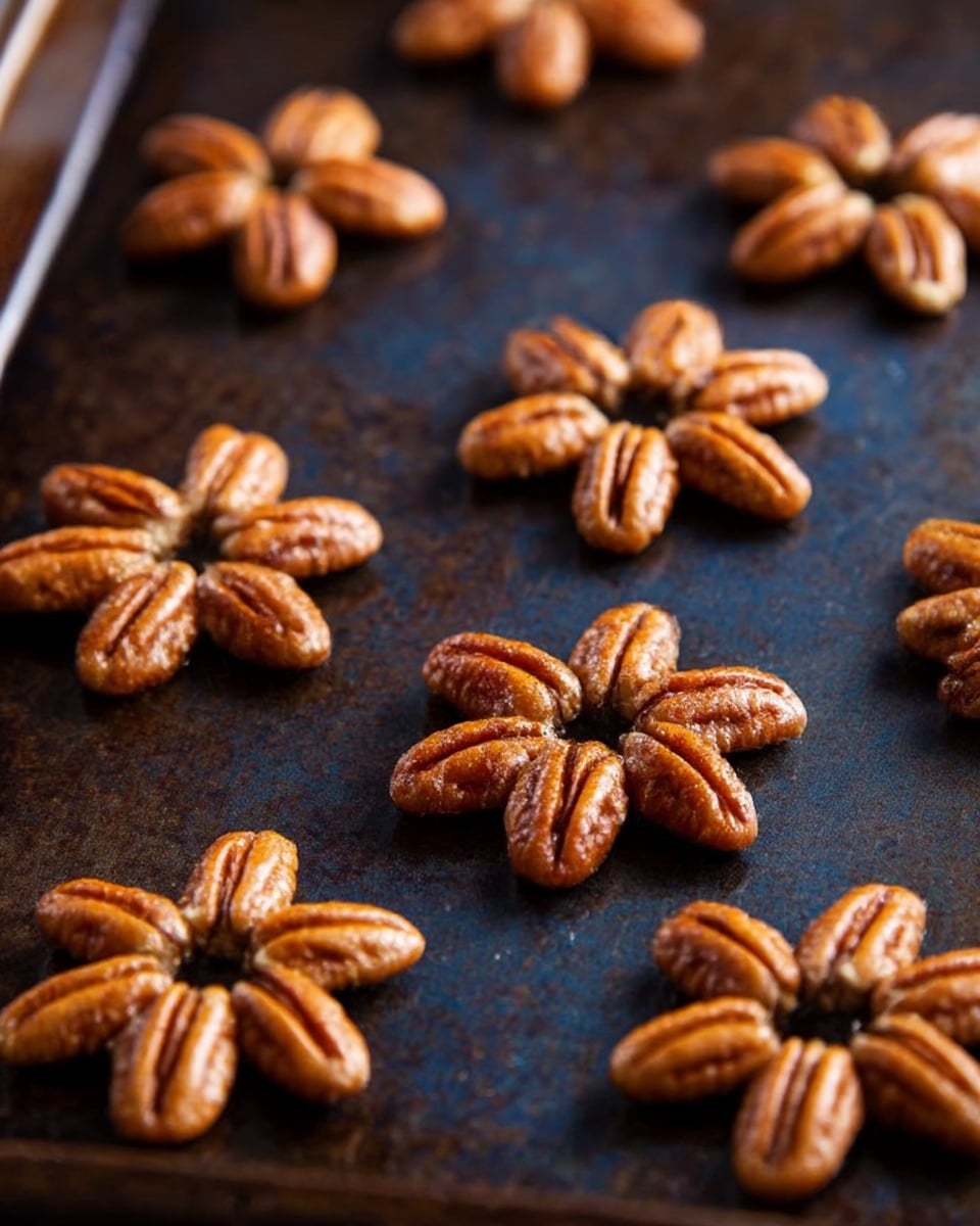 A close-up image shows a small dessert with three layers. The bottom layer is made of four pecan halves arranged like a star, light brown with a rough texture. On top is a dollop of light tan creamy peanut butter, smooth and thick, shaped like a rounded mound. The top layer is a shiny, dark brown melted chocolate, softly flowing over the peanut butter with a few flakes of white sea salt sprinkled on it. The dessert is placed on a white marbled surface. photo taken with an iphone --ar 4:5 --v 7