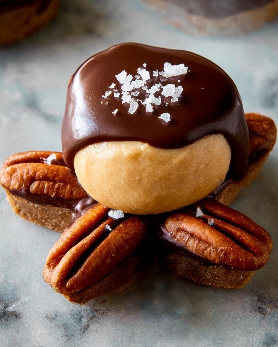 The image shows several pieces of a sweet treat arranged on a dark baking tray, placed on a white marbled surface. Each piece has one bottom layer made of four pecan halves arranged like a cross. On top of this pecan base, there is a layer of creamy peanut butter, which is then covered with a thick, uneven layer of dark chocolate that looks smooth and glossy. Each chocolate layer is topped with either one whole pecan half or a small pile of white flaky sea salt crystals. The pecans are light brown and have a textured pattern. The whole scene has a cozy, rich feel. Photo taken with an iphone --ar 4:5 --v 7