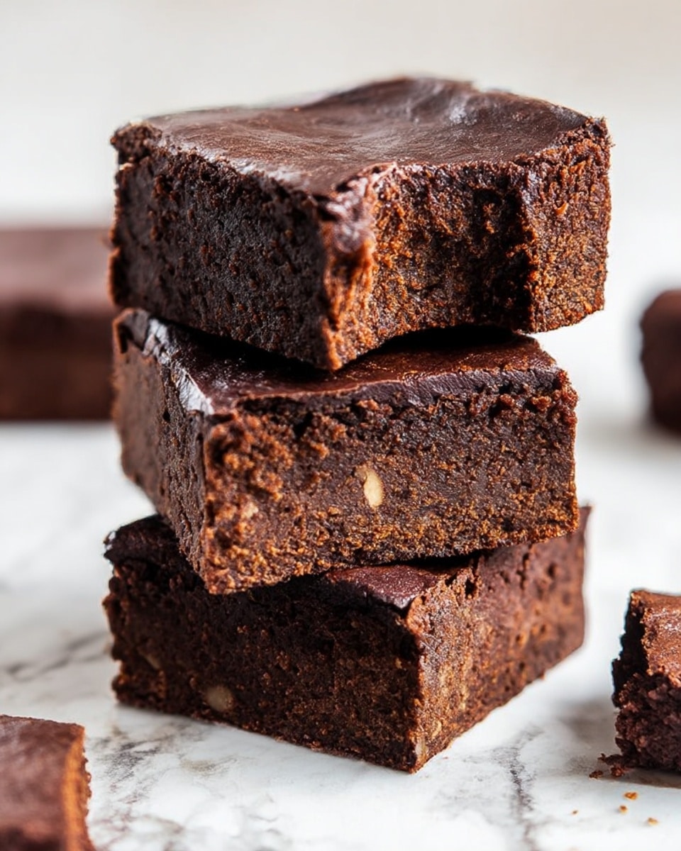 The image shows several square chocolate brownies arranged closely on a white marbled surface. Each brownie has two clear layers: a dense, moist, dark brown top layer with a slightly wrinkled, glossy texture, and a lighter, thicker bottom layer that looks soft and cake-like with small air holes and a few pale spots inside. One brownie is turned on its side in the center, showing the layers clearly. The overall look is rich and chocolatey, with clean, sharp edges on each brownie. Photo taken with an iphone --ar 4:5 --v 7