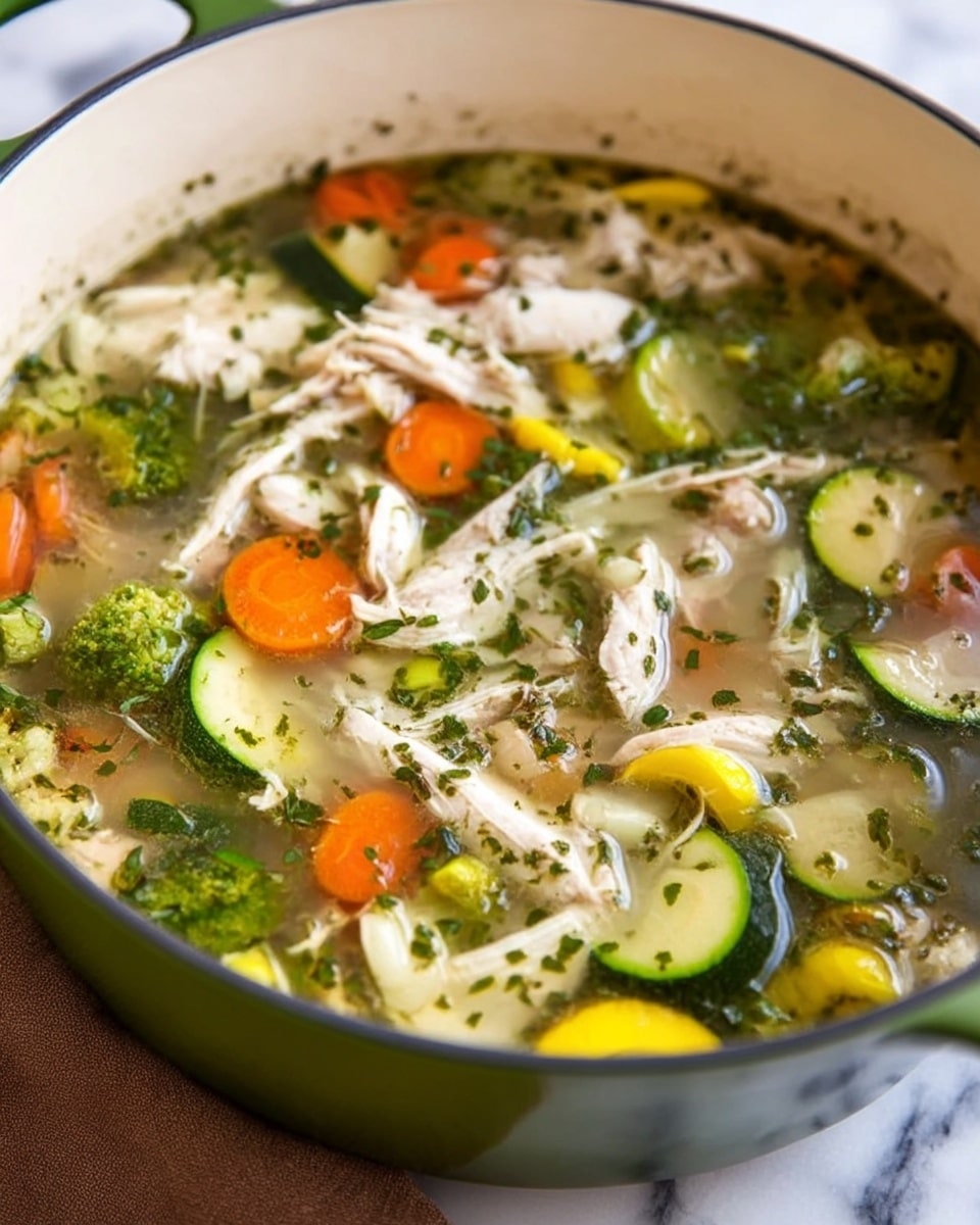 A white bowl filled with a vegetable and chicken soup sits on a white marbled surface. The soup has many layers including shredded white chicken pieces mixed with soft bright orange carrot slices, yellow squash rounds, and green broccoli stems and zucchini chunks. The broth is clear, letting the colors and textures of the shredded chicken and vegetables show clearly. The mixture looks fresh and healthy with a slight shine from the broth. Photo taken with an iphone --ar 4:5 --v 7