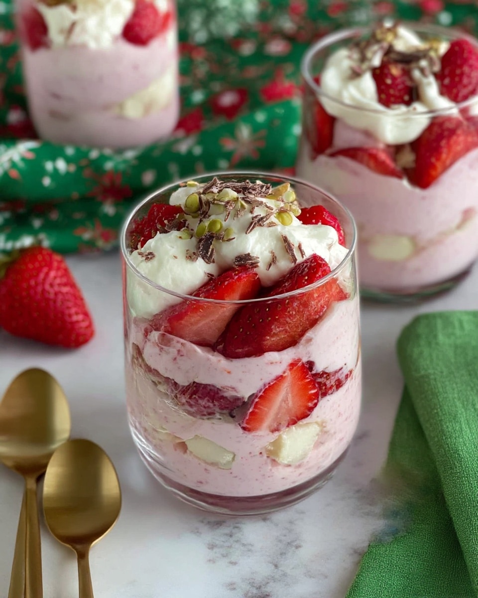 Three clear glasses sit on a bronze tray over a white marbled surface, each filled with layers of pink creamy mixture, white whipped cream, and bright red sliced strawberries. The glasses show the textures clearly, with the pink mixture looking smooth and thick, and the whipped cream soft and fluffy. The strawberries add a fresh, juicy look with their bright red color. Small pieces of white chunks and some crumbled brown bits are mixed throughout the layers, giving an interesting texture contrast. A red cloth with two golden spoons rests behind the glasses on the tray. photo taken with an iphone --ar 4:5 --v 7
