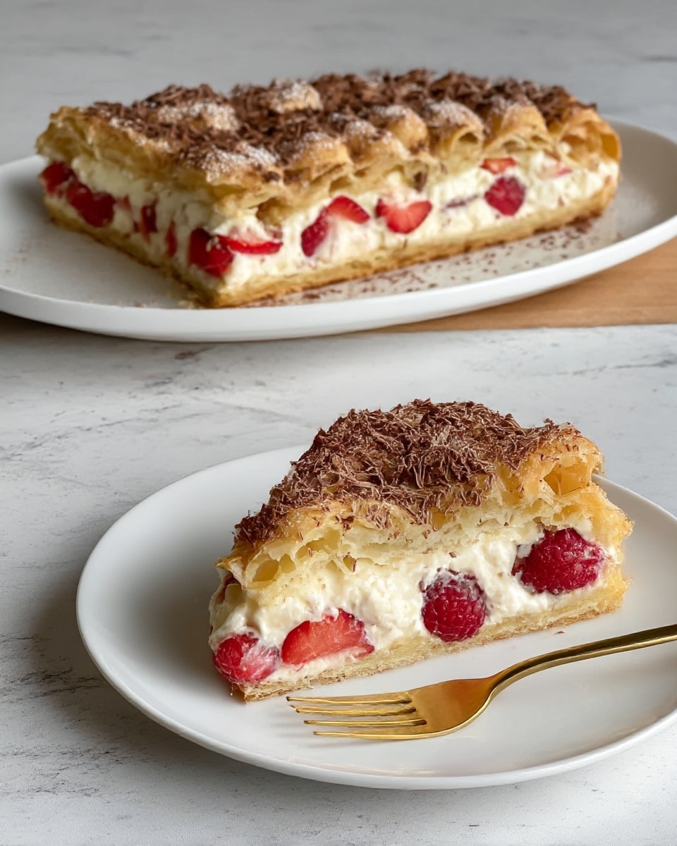 A large layered dessert sits on a white plate, placed on a white marbled surface. The bottom layer is a golden brown pastry with a slightly rough, airy texture. On top of this is a thick layer of white cream filling, smooth and soft, dotted with bright red sliced strawberries evenly spread across. Another thick golden brown pastry layer covers the strawberries and cream, with a glossy caramel sauce drizzled over it, some dripping down the sides. The top of this pastry layer is sprinkled generously with fine shavings of dark chocolate, adding texture and color contrast. photo taken with an iphone --ar 4:5 --v 7