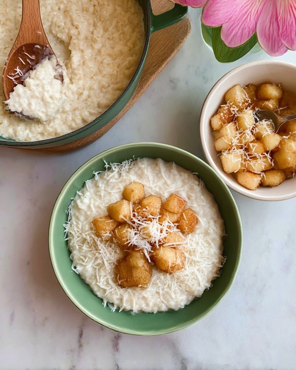 A pale green bowl filled with a creamy, light beige rice pudding base, topped with a layer of golden brown cinnamon-spiced apple chunks, and sprinkled with fine white shredded coconut on top. A golden spoon is resting in the bowl, partially submerged in the rice pudding. In the background, there is a light blue bowl with more of the cinnamon apple chunks and part of a white bowl with more rice pudding, all set on a white marbled surface. Photo taken with an iphone --ar 4:5 --v 7