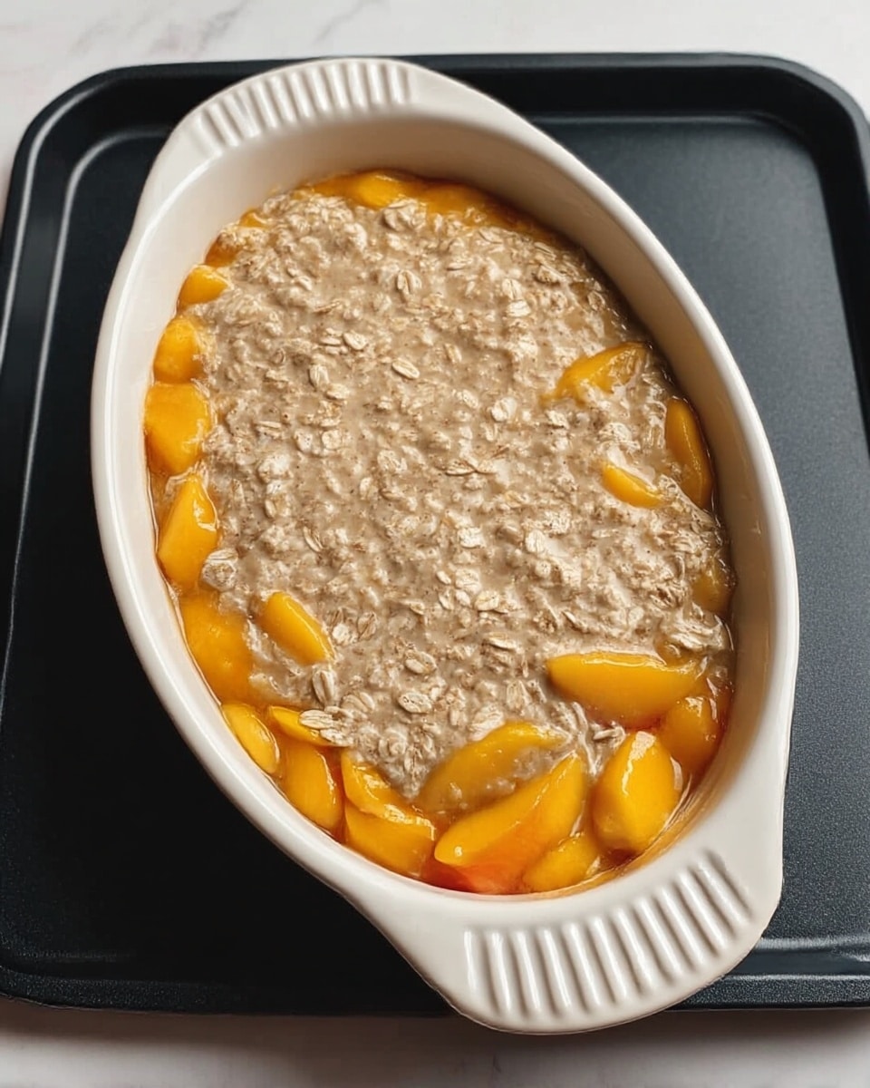 The dish is shown in a white oval baking dish with ridged handles, sitting on a black tray over a white marbled surface. It has two clear layers: the bottom layer is made of bright orange fruit pieces, possibly peaches or mangoes, while the top layer is a thick, beige mixture with visible oats spread evenly, slightly textured and creamy in appearance. The dish is uncooked and ready to be baked. photo taken with an iphone --ar 4:5 --v 7