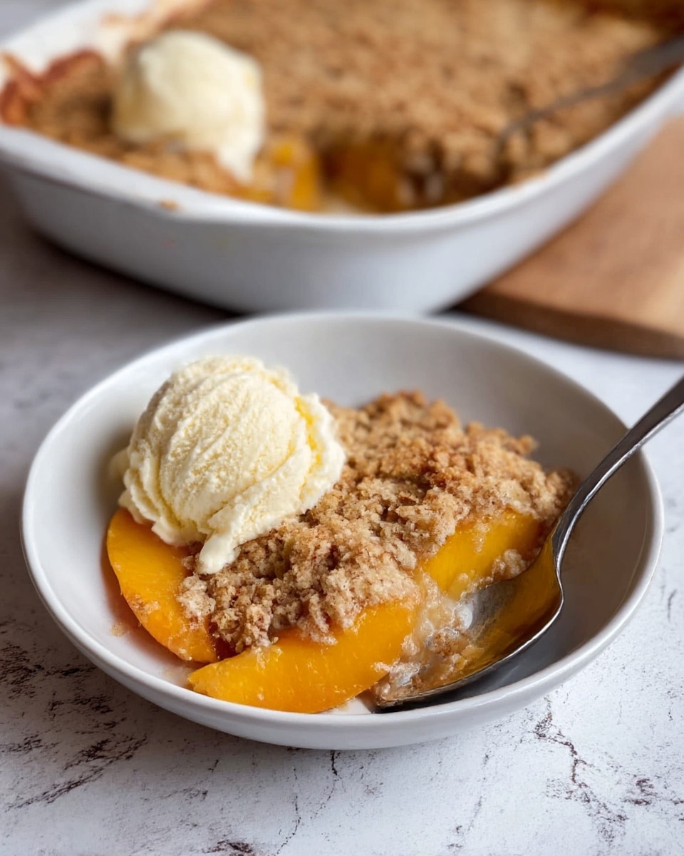 The dish shows a thick, golden brown crispy topping with a rough texture covering a warm peach filling underneath. The peach layer is juicy with bright orange slices. Two smooth, pale yellow ice cream scoops sit on top, starting to melt slightly over the textured crust. The dessert is served in a white ceramic baking dish with a red outside edge, resting on a white marbled surface, with a soft red cloth partly visible in the background. photo taken with an iphone --ar 4:5 --v 7