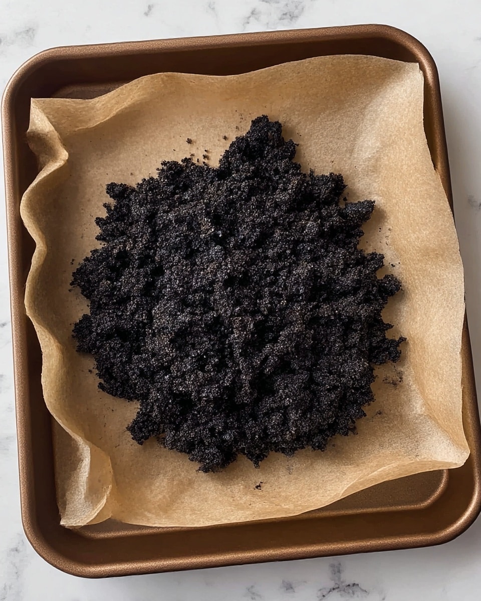 A brown baking tray lined with parchment paper holds a single layer of a dark black, crumbly textured mixture spread loosely in the center. The uneven surface of the mixture looks moist and rough, with small clumps and a slightly shiny finish. The edges of the parchment paper are folded up along the sides of the tray. The image is set against a white marbled surface background photo taken with an iphone --ar 4:5 --v 7
