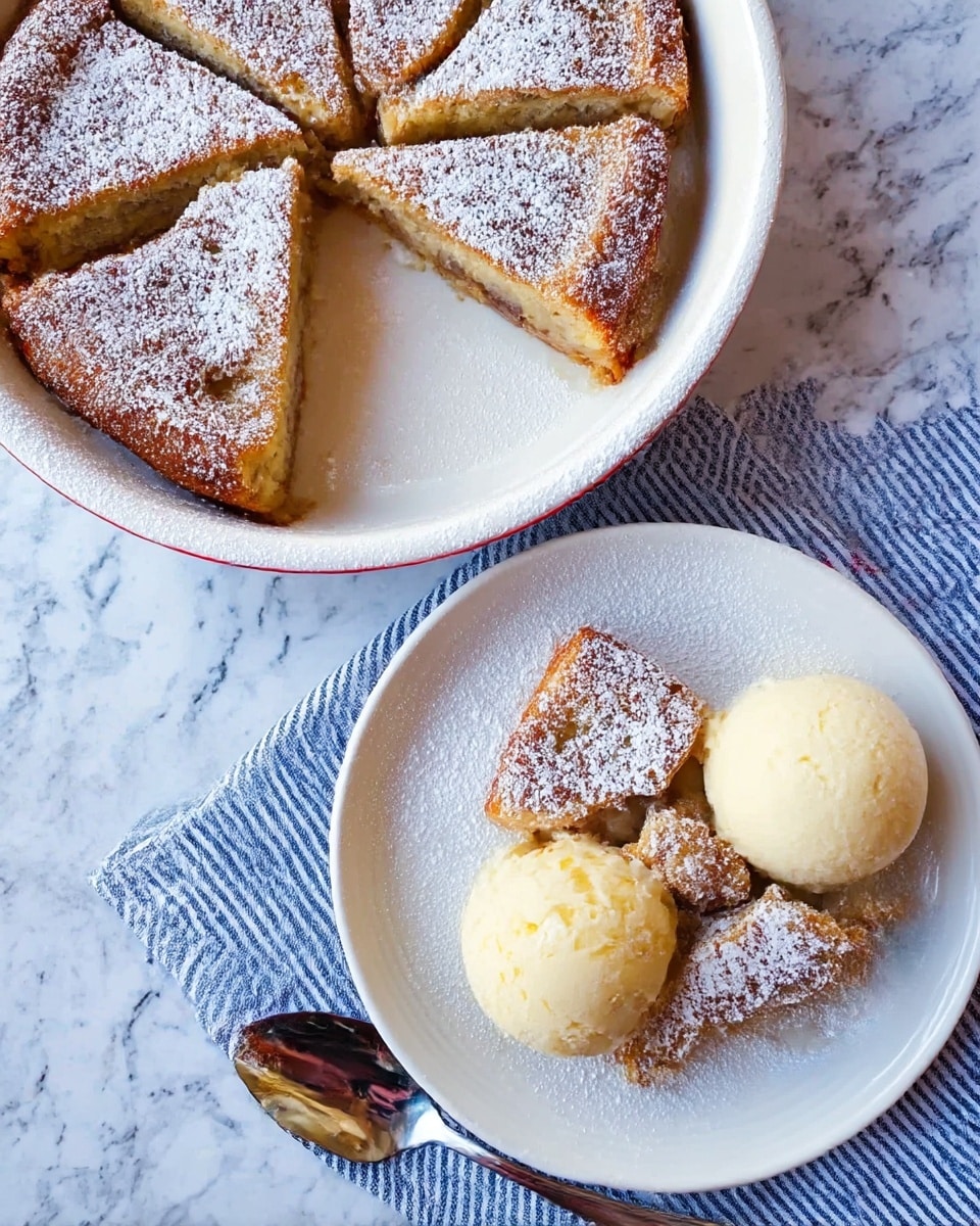 The image shows a white bowl filled with several overlapping slices of a cinnamon-colored baked dessert dusted lightly with powdered sugar, with one slice missing. Below it, there is a white plate with a serving of the same dessert in uneven chunks, topped with powdered sugar, next to a smooth ball of pale yellow ice cream. The plate rests on a blue and white striped cloth on top of a white marbled surface. A spoon with a shiny reflective surface lies to the right of the plate. Photo taken with an iphone --ar 4:5 --v 7