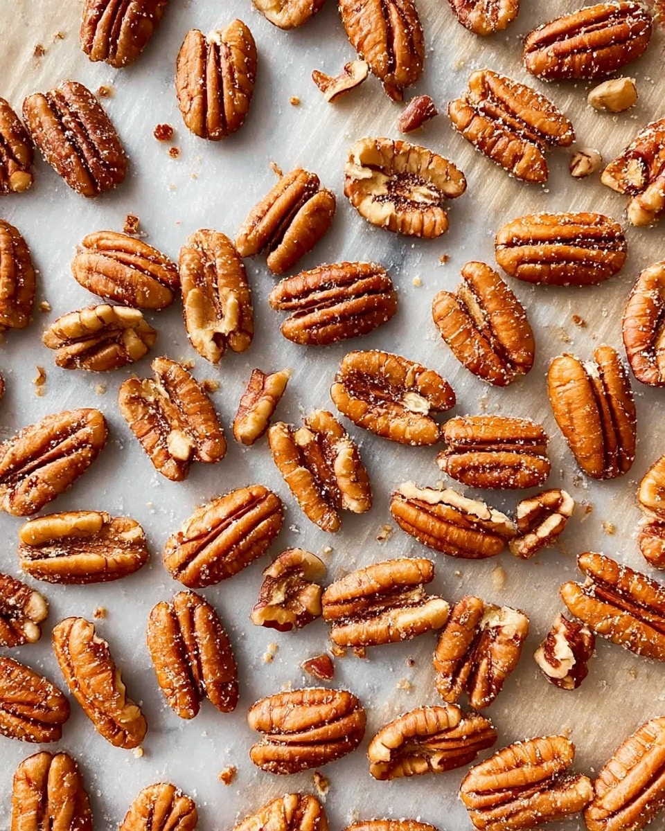 The image shows many toasted pecan halves spread out evenly on a sheet of parchment paper. The pecans are light brown with some darker grooves and slight cracks. Small crumbs and bits of broken pecans are scattered around them. The parchment paper has a slightly rough texture and is laid flat on a white marbled surface. The overall look is warm and rustic with natural nut shapes and golden brown tones. photo taken with an iphone --ar 4:5 --v 7