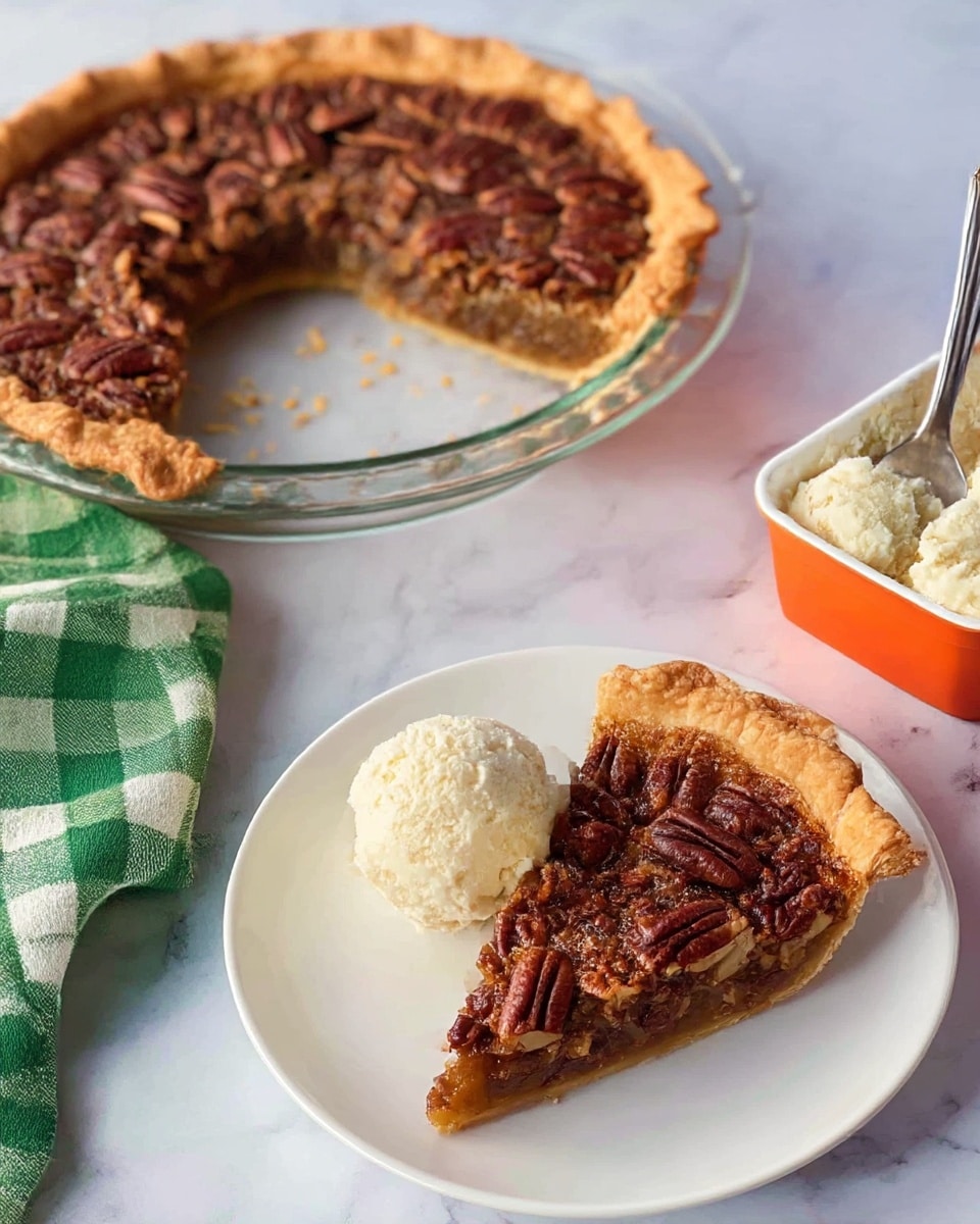 A slice of pecan pie with a golden brown crust sits on a white plate with a small scoop of vanilla ice cream beside it. The top of the pie slice shows whole pecans in a rich, dark caramel filling. In the background, the rest of the pecan pie with a missing slice is in a clear glass pie dish, the crust thick and crimped around the edge with pecans visible on the surface. To the right, an orange container holds vanilla ice cream with a spoon inside. A green and white checkered cloth lies near the plate on a white marbled surface. Photo taken with an iphone --ar 4:5 --v 7